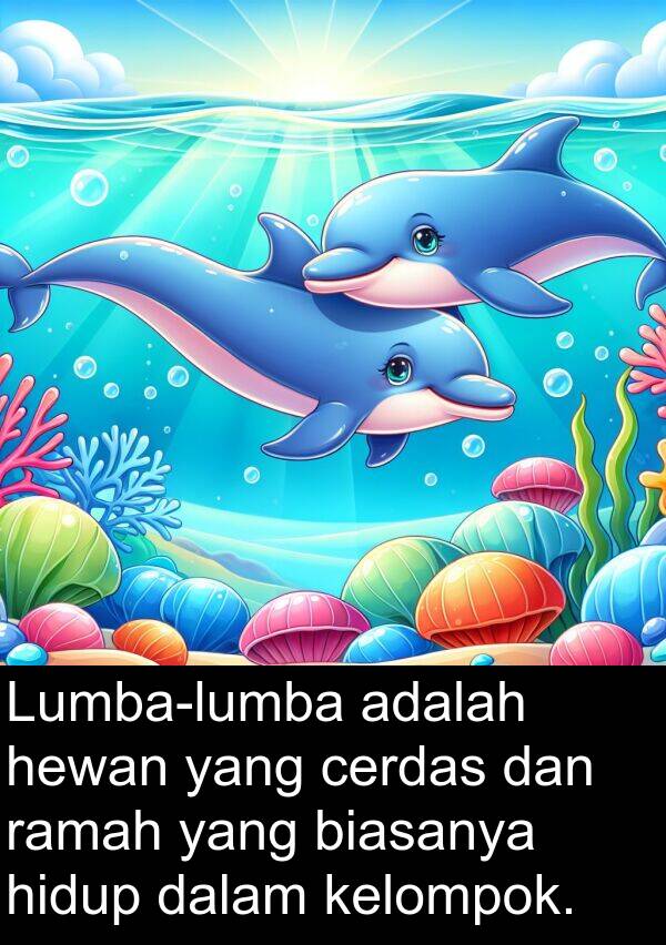 hewan: Lumba-lumba adalah hewan yang cerdas dan ramah yang biasanya hidup dalam kelompok.