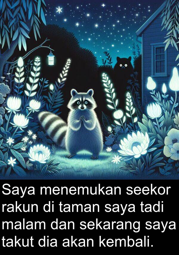 takut: Saya menemukan seekor rakun di taman saya tadi malam dan sekarang saya takut dia akan kembali.