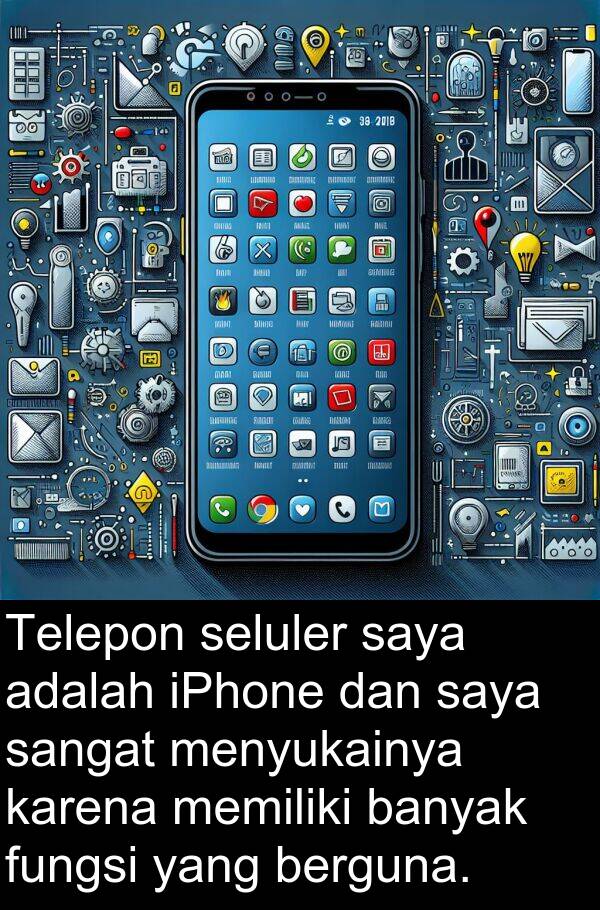 seluler: Telepon seluler saya adalah iPhone dan saya sangat menyukainya karena memiliki banyak fungsi yang berguna.