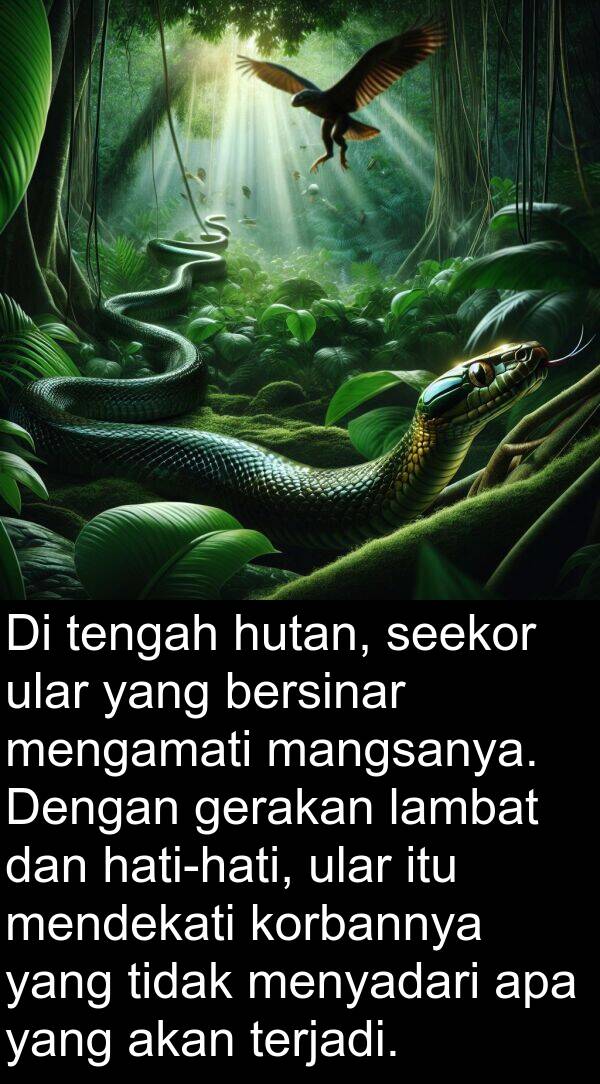 mangsanya: Di tengah hutan, seekor ular yang bersinar mengamati mangsanya. Dengan gerakan lambat dan hati-hati, ular itu mendekati korbannya yang tidak menyadari apa yang akan terjadi.