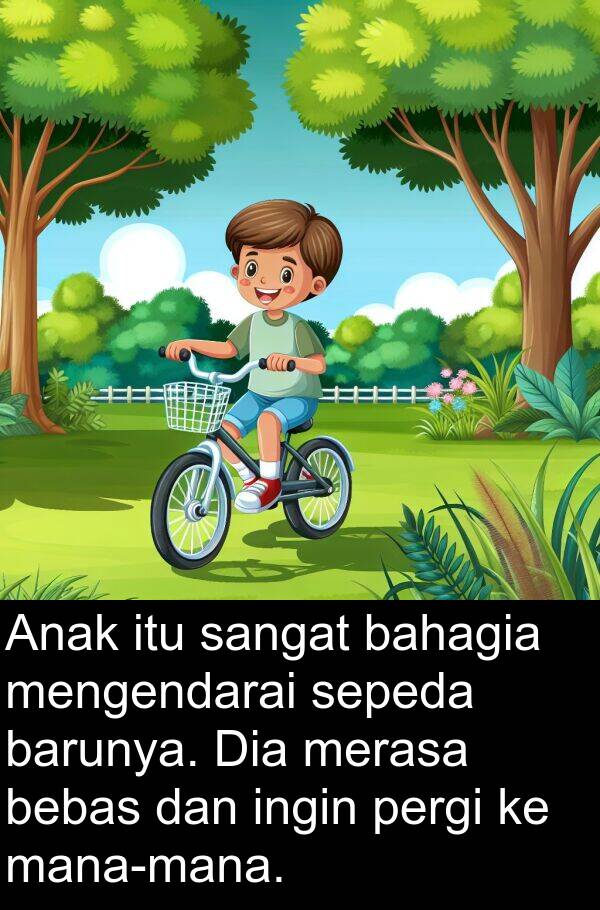 sepeda: Anak itu sangat bahagia mengendarai sepeda barunya. Dia merasa bebas dan ingin pergi ke mana-mana.