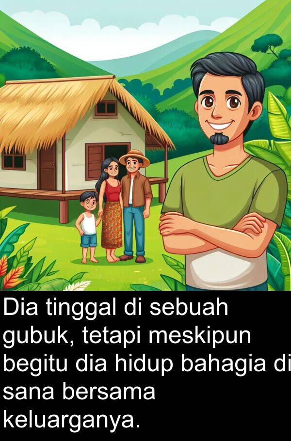 meskipun: Dia tinggal di sebuah gubuk, tetapi meskipun begitu dia hidup bahagia di sana bersama keluarganya.