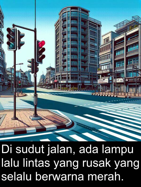 lalu: Di sudut jalan, ada lampu lalu lintas yang rusak yang selalu berwarna merah.