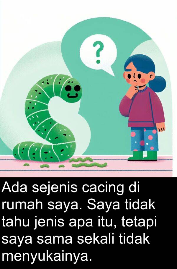 jenis: Ada sejenis cacing di rumah saya. Saya tidak tahu jenis apa itu, tetapi saya sama sekali tidak menyukainya.