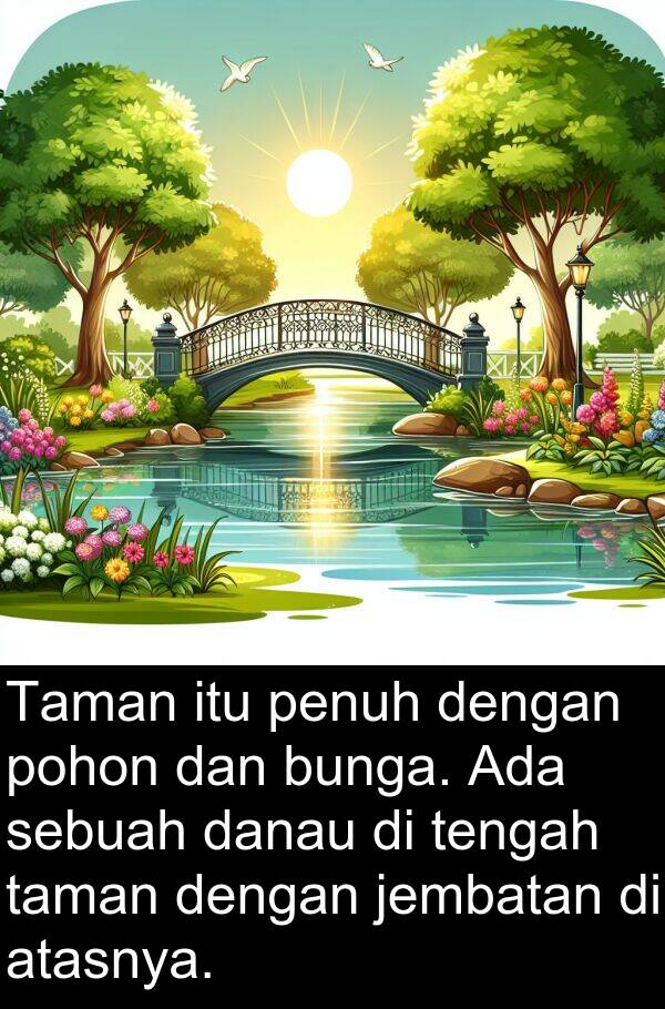 jembatan: Taman itu penuh dengan pohon dan bunga. Ada sebuah danau di tengah taman dengan jembatan di atasnya.