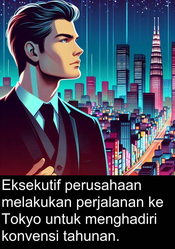 tahunan: Eksekutif perusahaan melakukan perjalanan ke Tokyo untuk menghadiri konvensi tahunan.