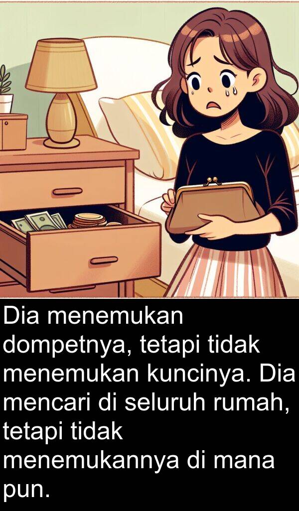 kuncinya: Dia menemukan dompetnya, tetapi tidak menemukan kuncinya. Dia mencari di seluruh rumah, tetapi tidak menemukannya di mana pun.