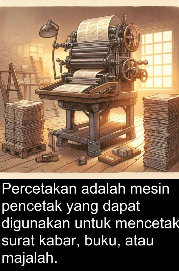mesin: Percetakan adalah mesin pencetak yang dapat digunakan untuk mencetak surat kabar, buku, atau majalah.