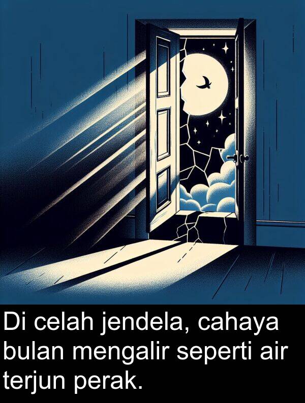 terjun: Di celah jendela, cahaya bulan mengalir seperti air terjun perak.