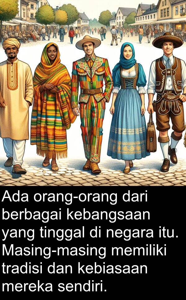 sendiri: Ada orang-orang dari berbagai kebangsaan yang tinggal di negara itu. Masing-masing memiliki tradisi dan kebiasaan mereka sendiri.