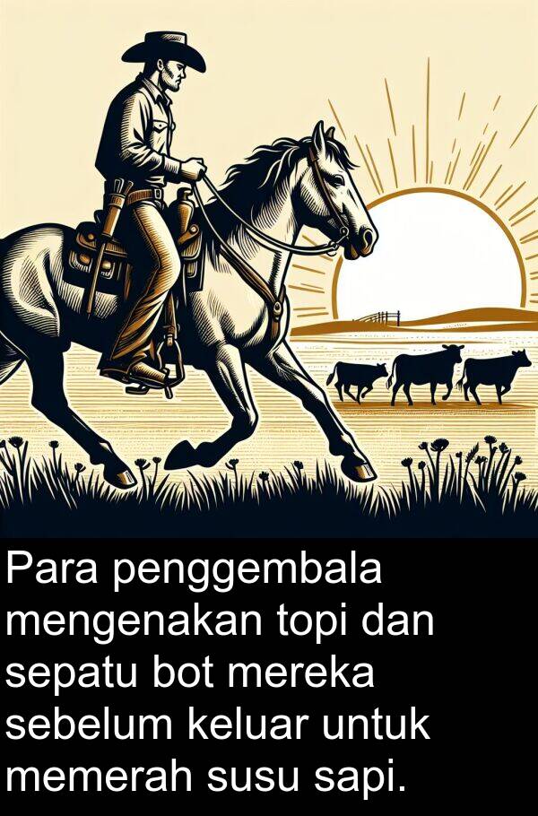 sebelum: Para penggembala mengenakan topi dan sepatu bot mereka sebelum keluar untuk memerah susu sapi.