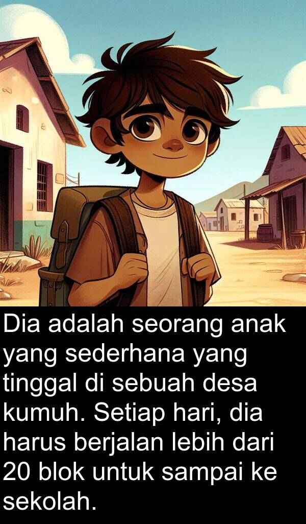sekolah: Dia adalah seorang anak yang sederhana yang tinggal di sebuah desa kumuh. Setiap hari, dia harus berjalan lebih dari 20 blok untuk sampai ke sekolah.