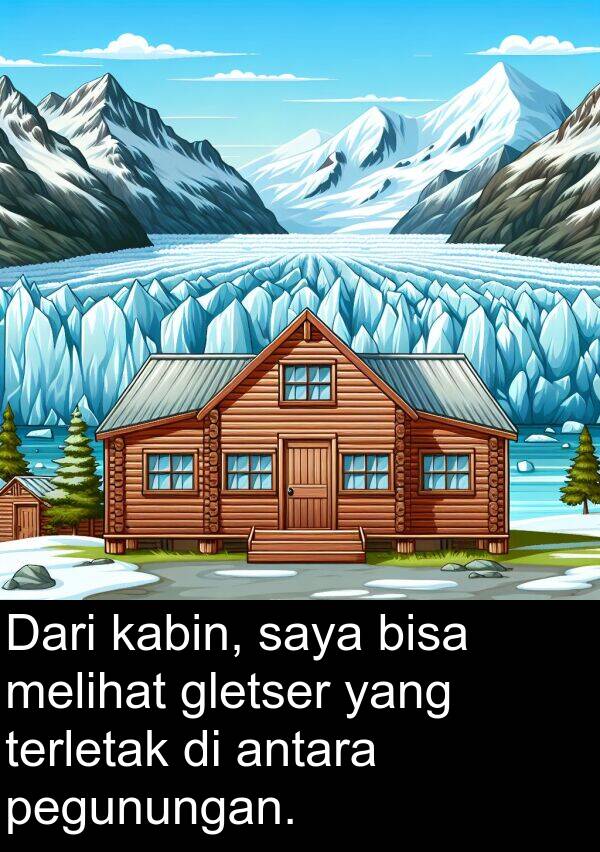 terletak: Dari kabin, saya bisa melihat gletser yang terletak di antara pegunungan.