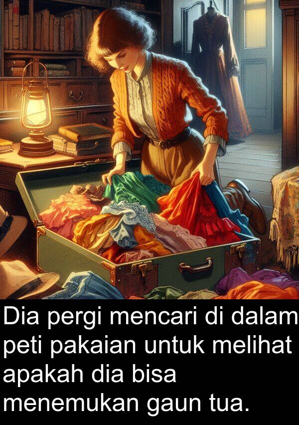 gaun: Dia pergi mencari di dalam peti pakaian untuk melihat apakah dia bisa menemukan gaun tua.