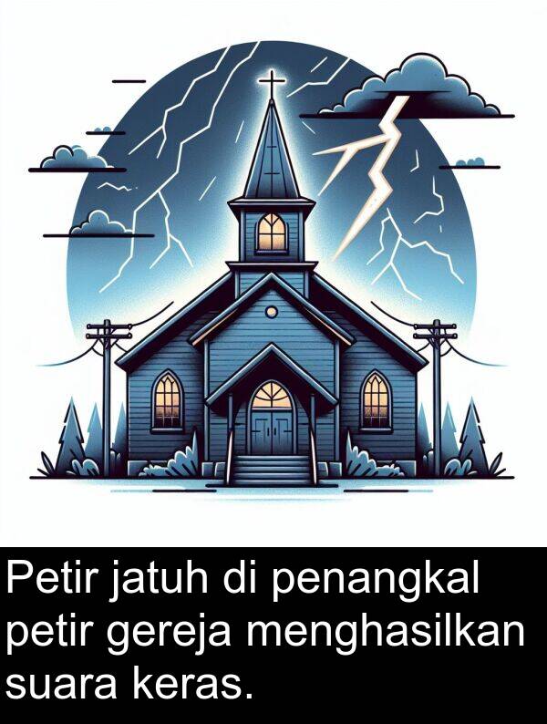 jatuh: Petir jatuh di penangkal petir gereja menghasilkan suara keras.
