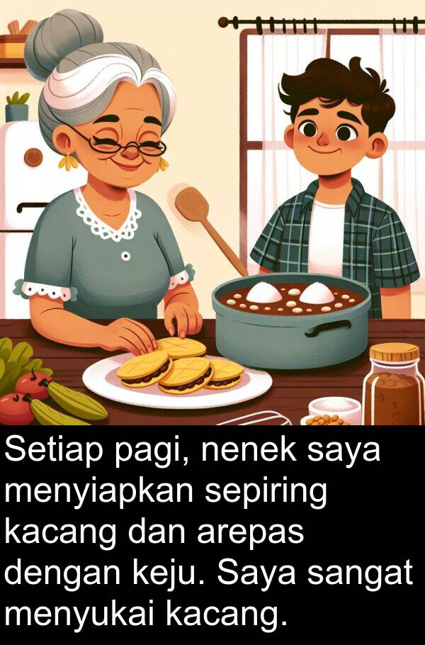 nenek: Setiap pagi, nenek saya menyiapkan sepiring kacang dan arepas dengan keju. Saya sangat menyukai kacang.