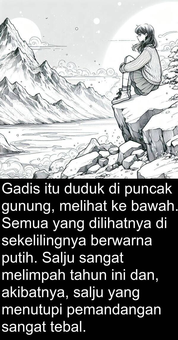sekelilingnya: Gadis itu duduk di puncak gunung, melihat ke bawah. Semua yang dilihatnya di sekelilingnya berwarna putih. Salju sangat melimpah tahun ini dan, akibatnya, salju yang menutupi pemandangan sangat tebal.