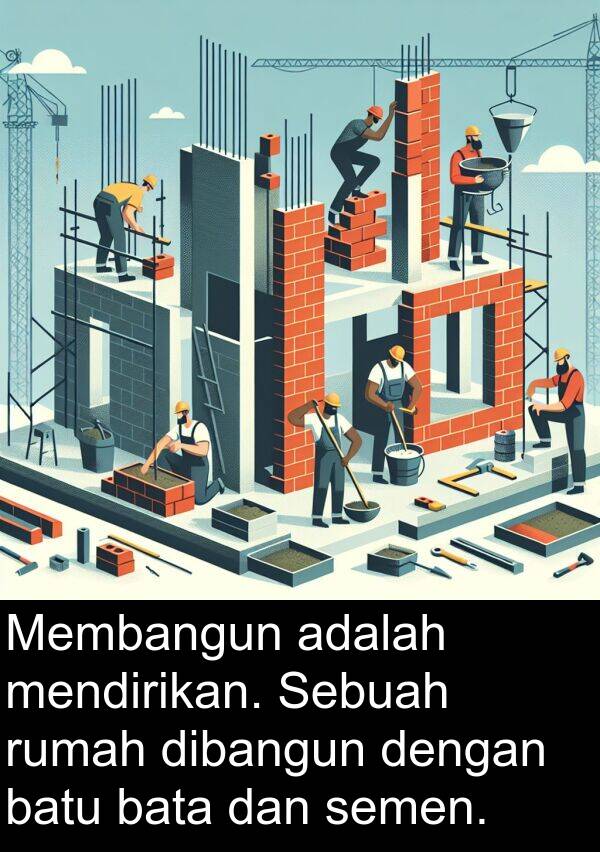 semen: Membangun adalah mendirikan. Sebuah rumah dibangun dengan batu bata dan semen.