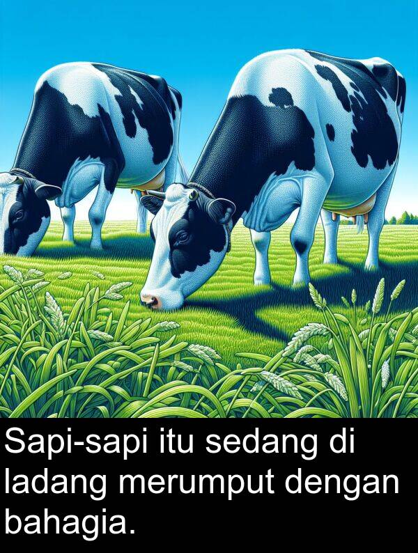 sedang: Sapi-sapi itu sedang di ladang merumput dengan bahagia.