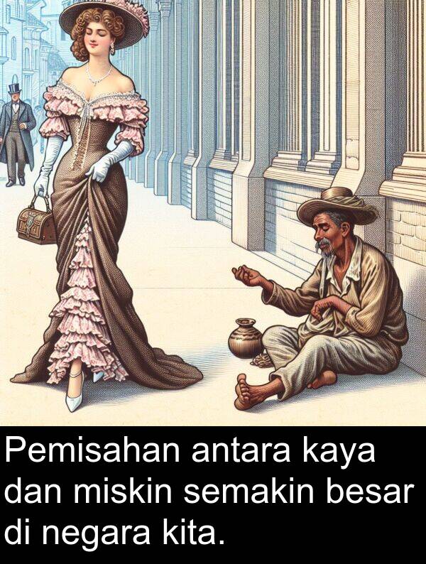 semakin: Pemisahan antara kaya dan miskin semakin besar di negara kita.