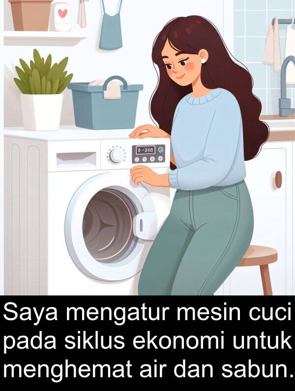 mesin: Saya mengatur mesin cuci pada siklus ekonomi untuk menghemat air dan sabun.
