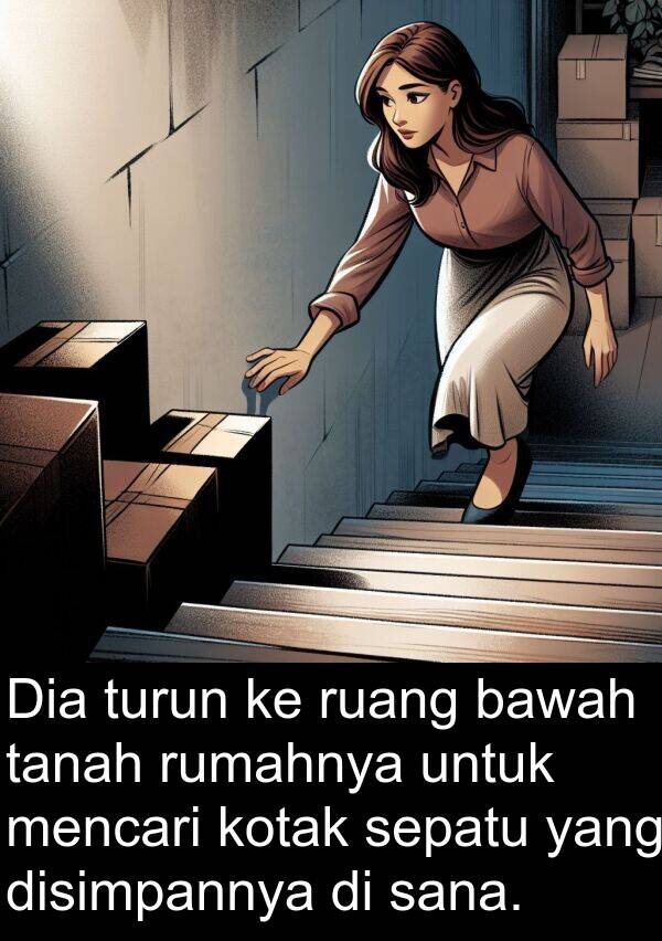 sana: Dia turun ke ruang bawah tanah rumahnya untuk mencari kotak sepatu yang disimpannya di sana.