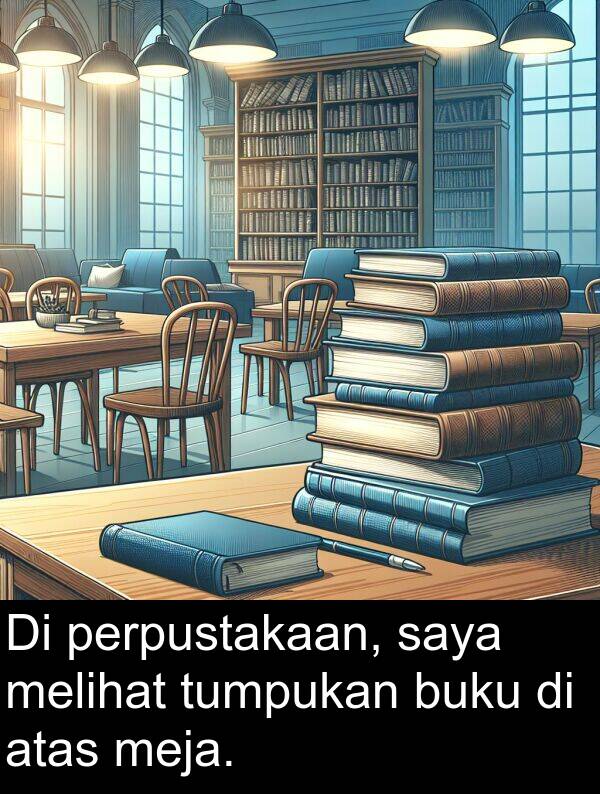 melihat: Di perpustakaan, saya melihat tumpukan buku di atas meja.