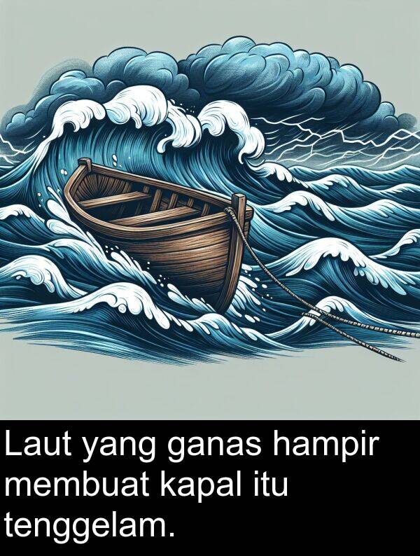 hampir: Laut yang ganas hampir membuat kapal itu tenggelam.