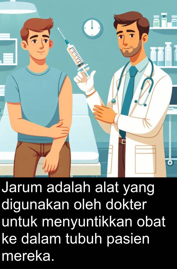 pasien: Jarum adalah alat yang digunakan oleh dokter untuk menyuntikkan obat ke dalam tubuh pasien mereka.