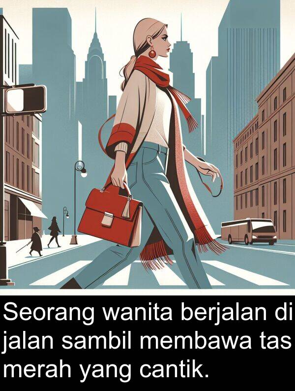 sambil: Seorang wanita berjalan di jalan sambil membawa tas merah yang cantik.