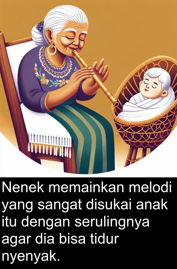 melodi: Nenek memainkan melodi yang sangat disukai anak itu dengan serulingnya agar dia bisa tidur nyenyak.
