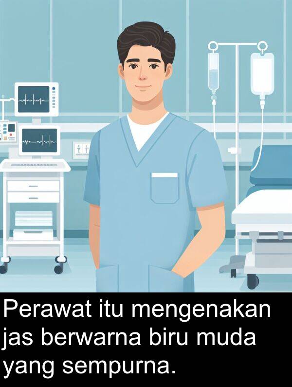 sempurna: Perawat itu mengenakan jas berwarna biru muda yang sempurna.