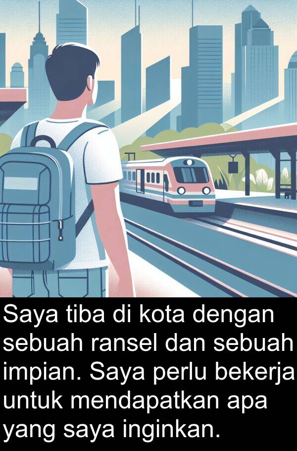 ransel: Saya tiba di kota dengan sebuah ransel dan sebuah impian. Saya perlu bekerja untuk mendapatkan apa yang saya inginkan.