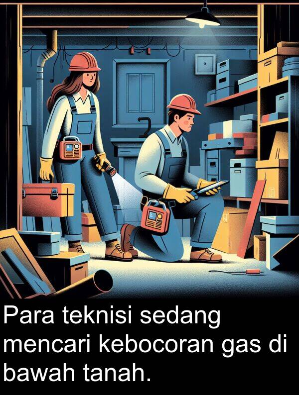sedang: Para teknisi sedang mencari kebocoran gas di bawah tanah.