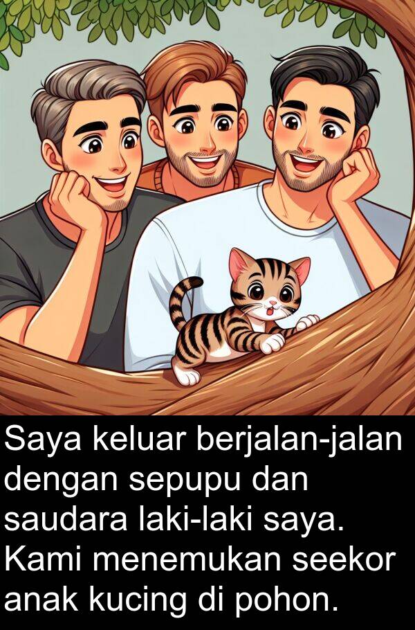 saudara: Saya keluar berjalan-jalan dengan sepupu dan saudara laki-laki saya. Kami menemukan seekor anak kucing di pohon.