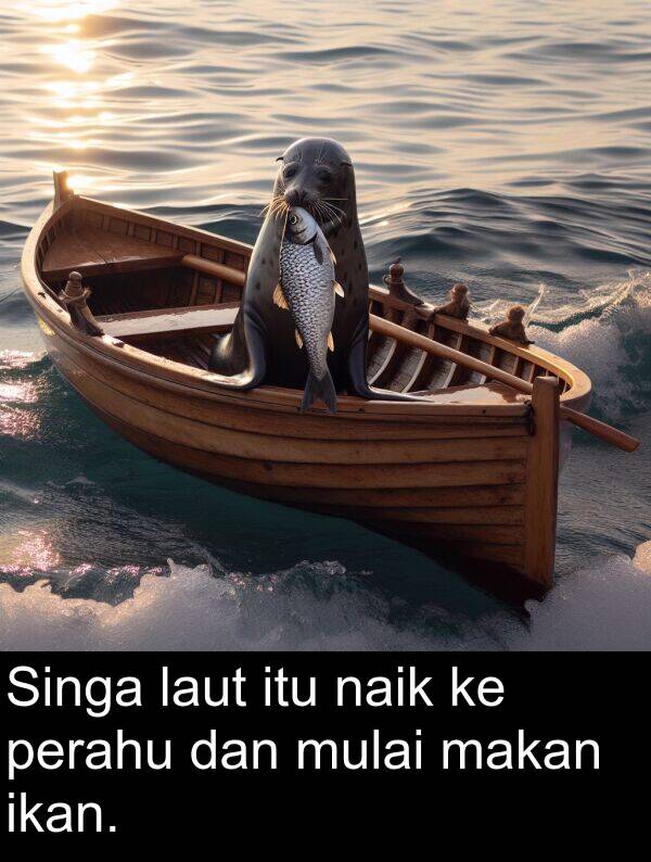 makan: Singa laut itu naik ke perahu dan mulai makan ikan.