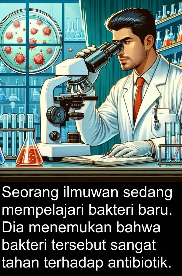 terhadap: Seorang ilmuwan sedang mempelajari bakteri baru. Dia menemukan bahwa bakteri tersebut sangat tahan terhadap antibiotik.