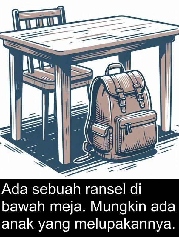 melupakannya: Ada sebuah ransel di bawah meja. Mungkin ada anak yang melupakannya.