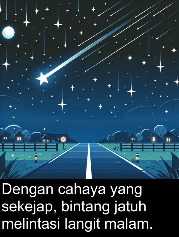 langit: Dengan cahaya yang sekejap, bintang jatuh melintasi langit malam.