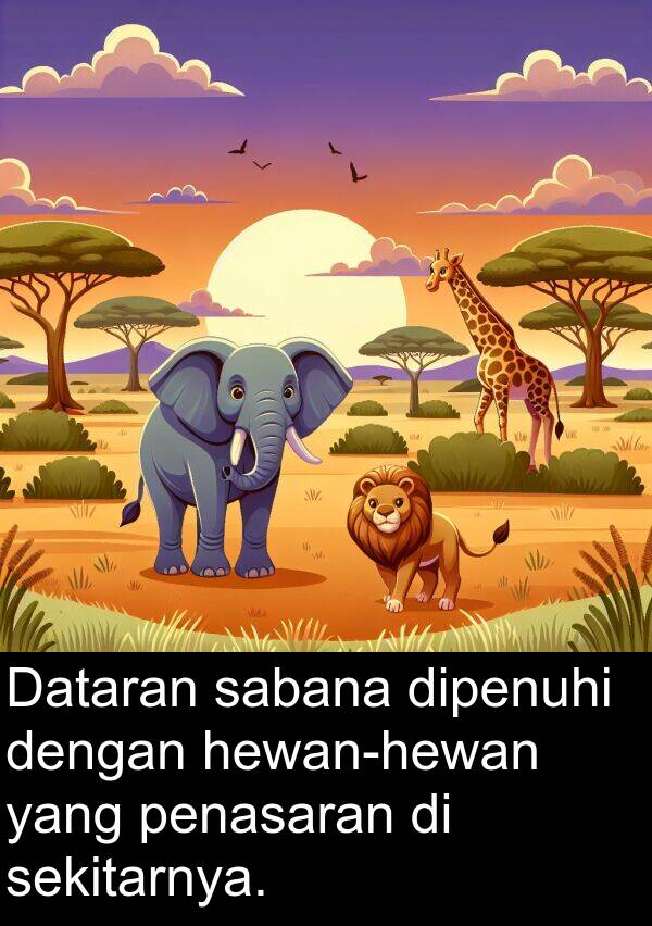 sekitarnya: Dataran sabana dipenuhi dengan hewan-hewan yang penasaran di sekitarnya.