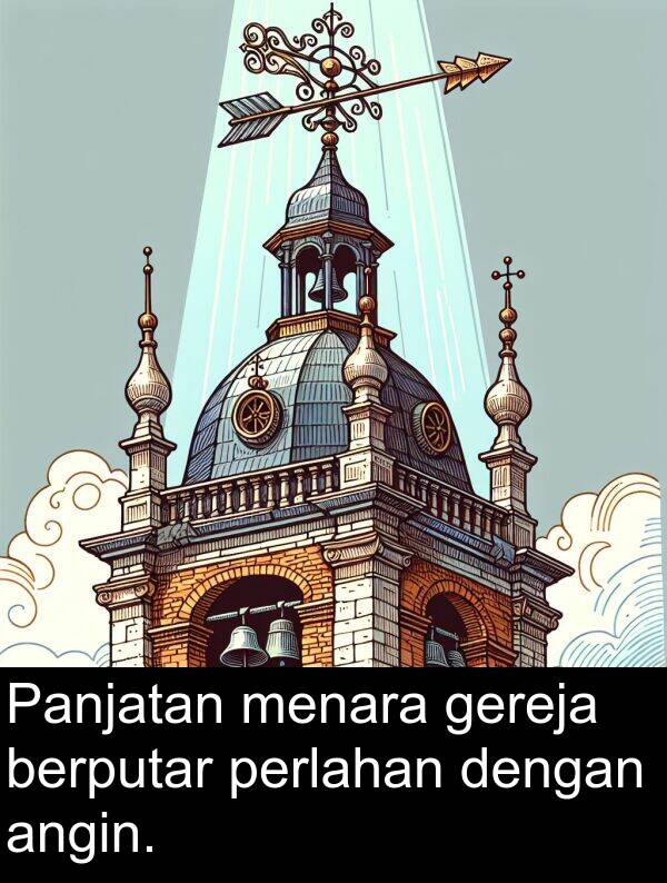 menara: Panjatan menara gereja berputar perlahan dengan angin.