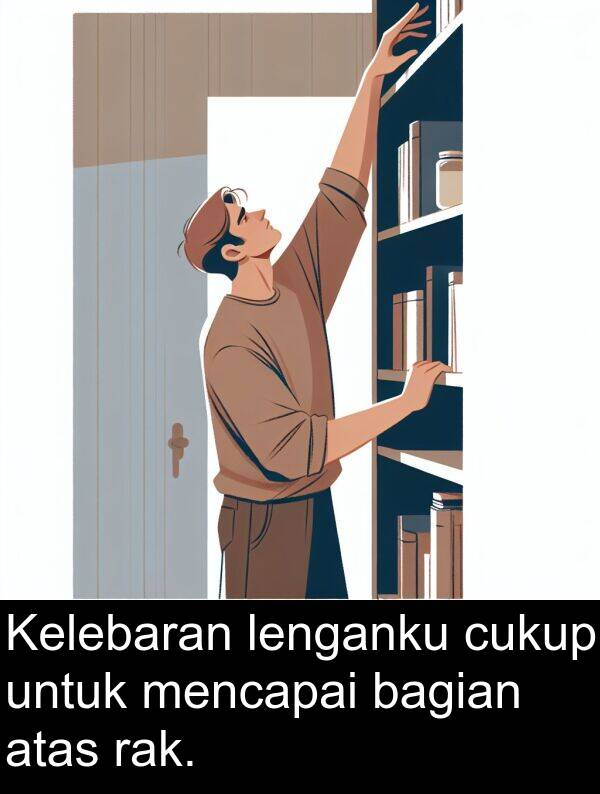 rak: Kelebaran lenganku cukup untuk mencapai bagian atas rak.