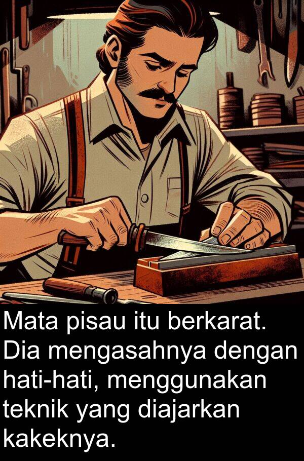 teknik: Mata pisau itu berkarat. Dia mengasahnya dengan hati-hati, menggunakan teknik yang diajarkan kakeknya.