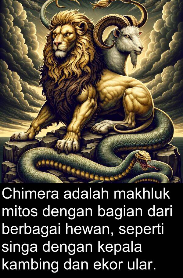 makhluk: Chimera adalah makhluk mitos dengan bagian dari berbagai hewan, seperti singa dengan kepala kambing dan ekor ular.