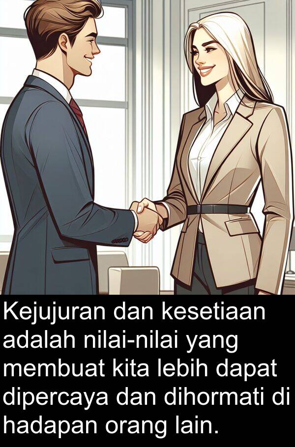 hadapan: Kejujuran dan kesetiaan adalah nilai-nilai yang membuat kita lebih dapat dipercaya dan dihormati di hadapan orang lain.