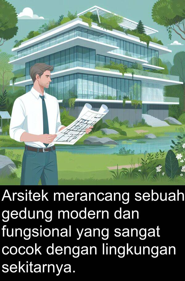 sekitarnya: Arsitek merancang sebuah gedung modern dan fungsional yang sangat cocok dengan lingkungan sekitarnya.