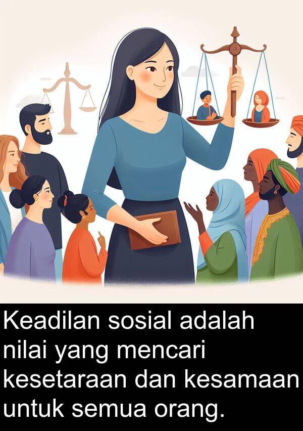nilai: Keadilan sosial adalah nilai yang mencari kesetaraan dan kesamaan untuk semua orang.