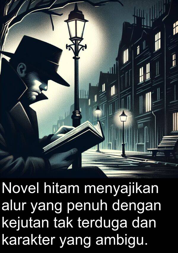 hitam: Novel hitam menyajikan alur yang penuh dengan kejutan tak terduga dan karakter yang ambigu.