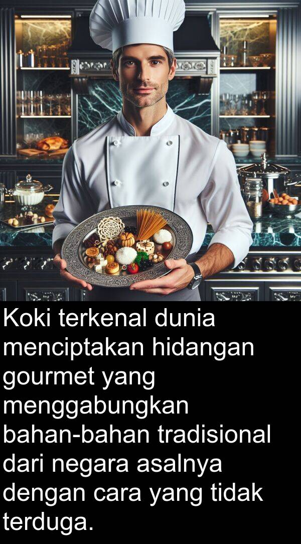 cara: Koki terkenal dunia menciptakan hidangan gourmet yang menggabungkan bahan-bahan tradisional dari negara asalnya dengan cara yang tidak terduga.