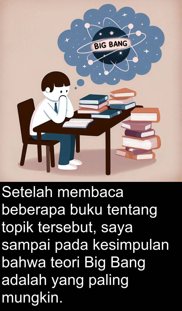 sampai: Setelah membaca beberapa buku tentang topik tersebut, saya sampai pada kesimpulan bahwa teori Big Bang adalah yang paling mungkin.